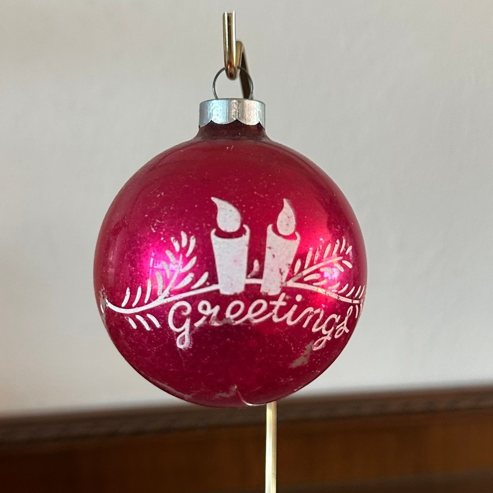 Vintage 3'' Shiny Brite Pink Glass Christmas‎ Ornament Greetings Candle Stencil - Picture 3 of 4
